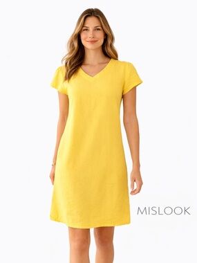 Misslook Yellow Shift Dress Size Large Cotton Polyester Short Sleeve Mini Dress
